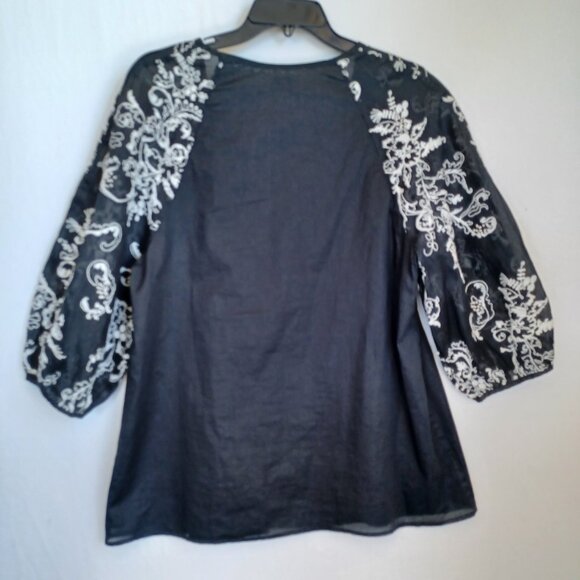 Anthropologie Top Edme & Esyllte Black Embroidered Puff Sleeve Blouse Womens 12 - Picture 3 of 8